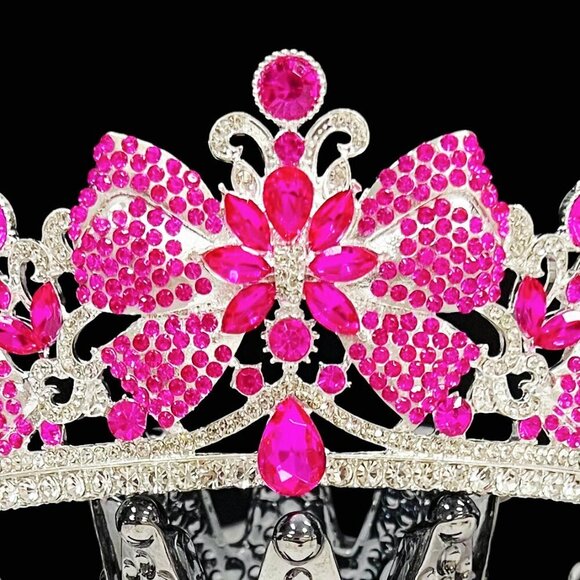 Gold Crystal Crown, Princess Tiara, Hot Pink Gemstone Crown, Quinceanera Crown - Picture 3 of 10
